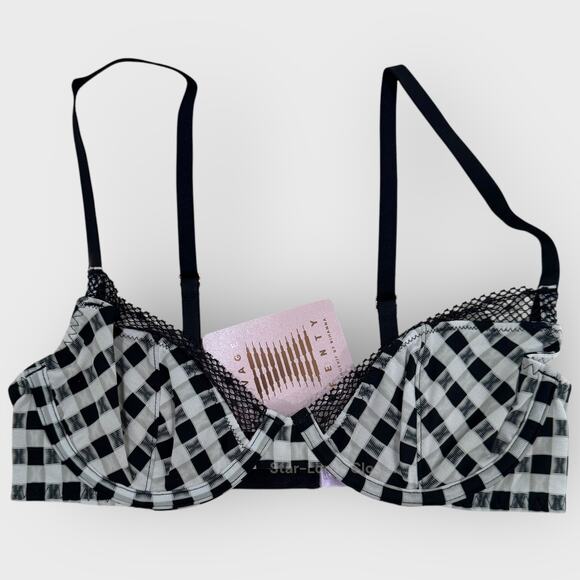 Savage X Fenty Gingham Remix Unlined Plunge Bra | 32B Black White Sexy Lingerie - Picture 1 of 8